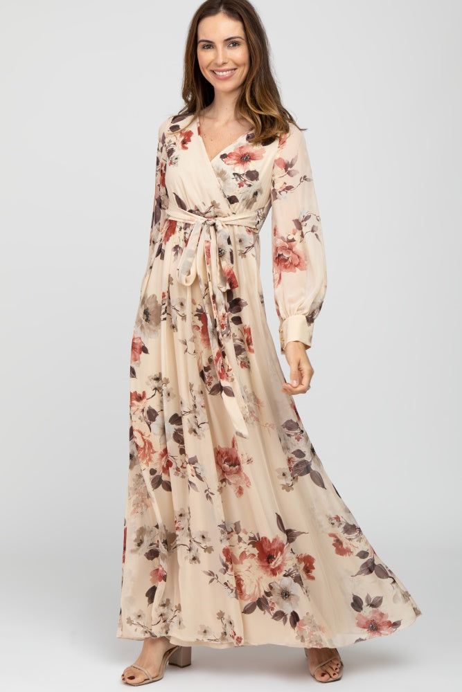 Cream Floral Chiffon Maxi Dress sold by Pinkblush