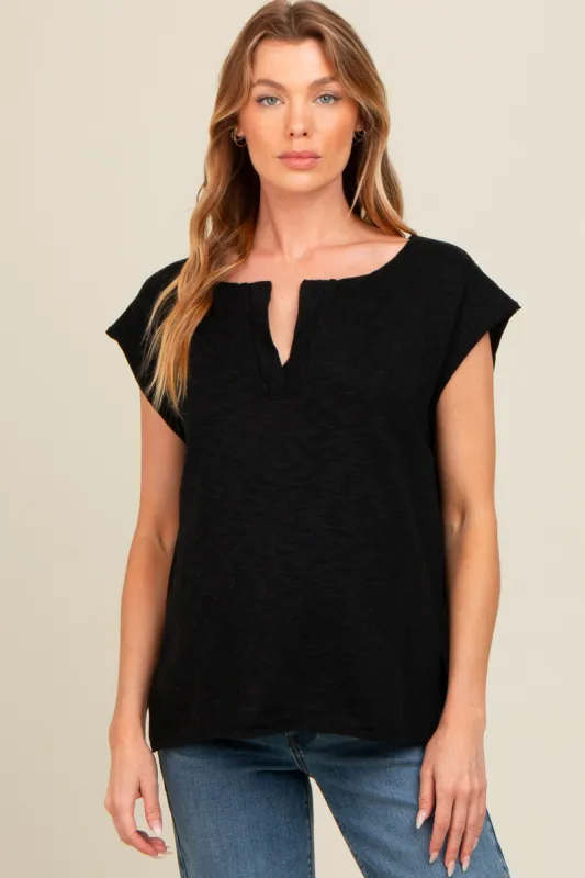 Black Two Tone Split V-Neck Dolman Short Sleeve Maternity Top sold by Pinkblush