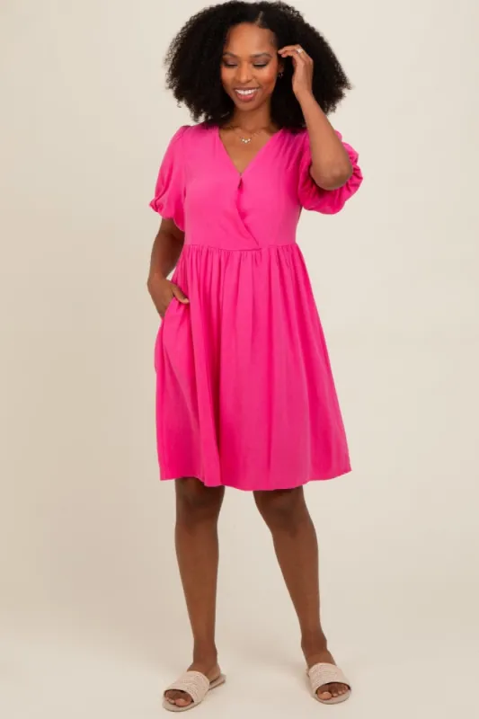 Fuchsia Linen Puff Sleeve Dress sold by Pinkblush