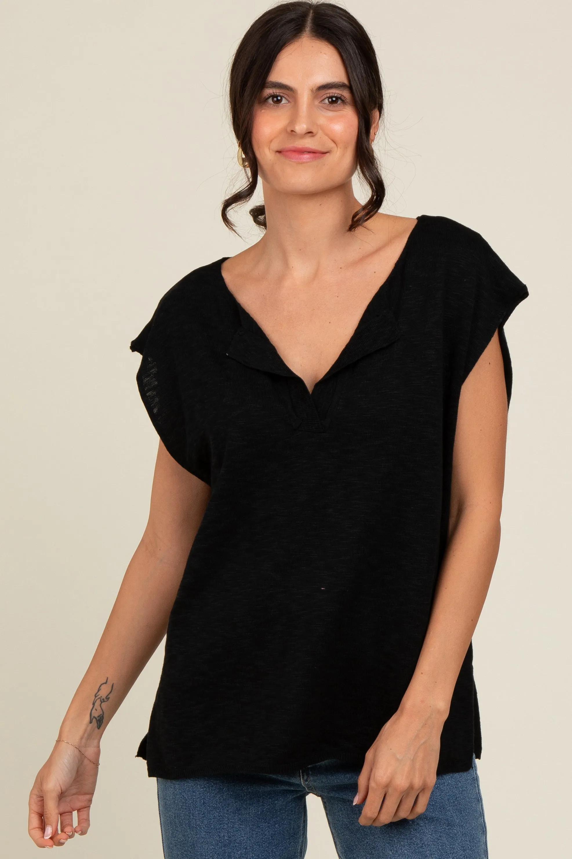 Black Two Tone Split V-Neck Dolman Short Sleeve Maternity Top sold by Pinkblush product image thumbnail 3