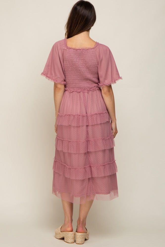 Mauve Dot Smocked Ruffle Tiered Maternity Midi Dress sold by Pinkblush product image thumbnail 3