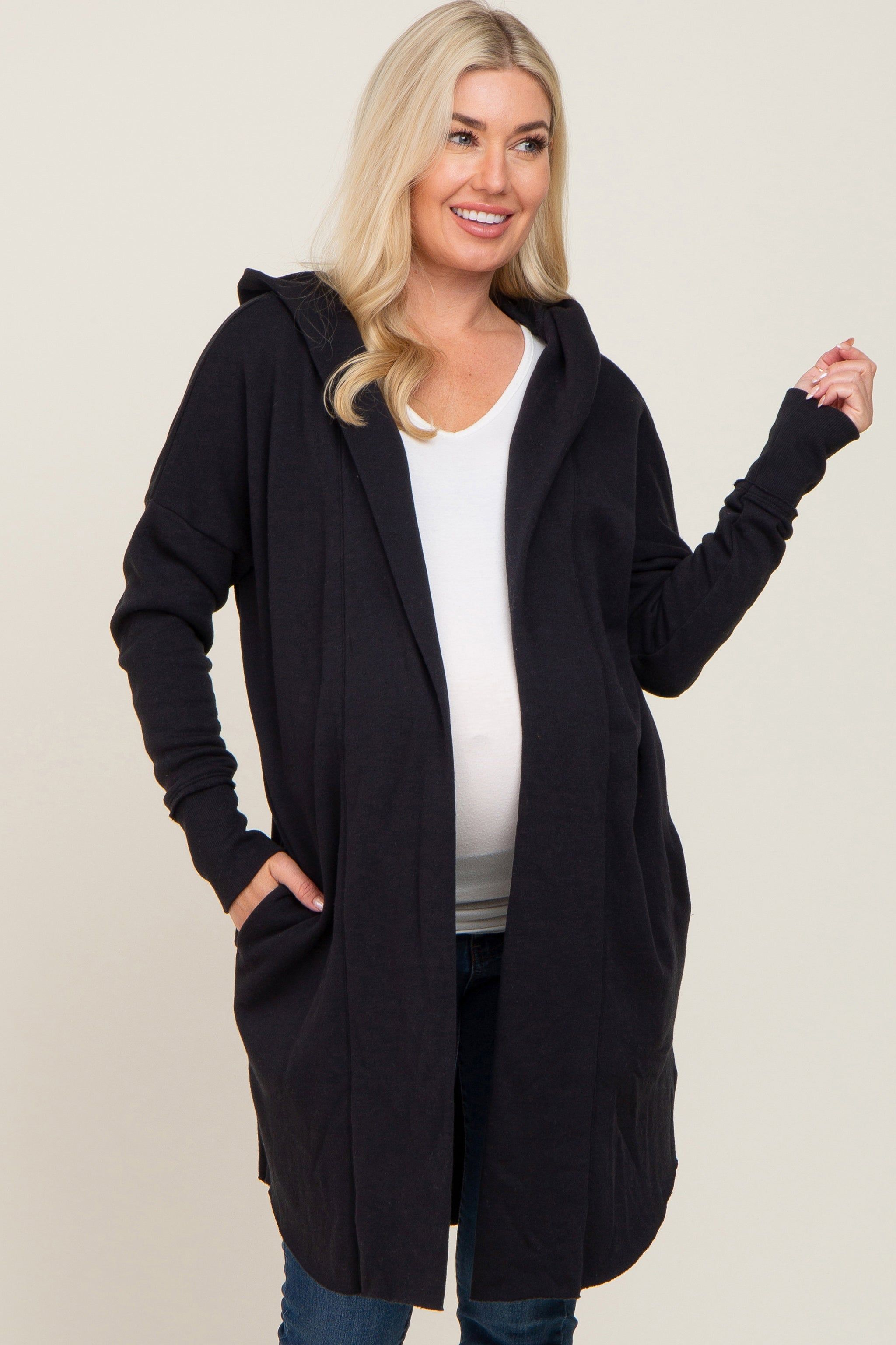 Black Hooded Long Maternity Cardigan sold by Pinkblush