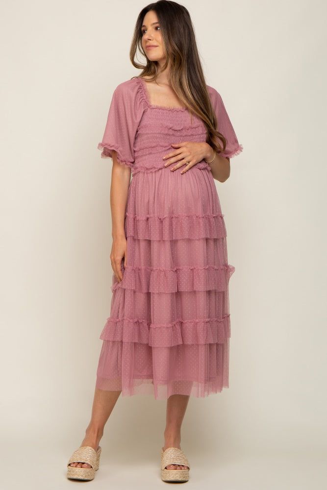 Mauve Dot Smocked Ruffle Tiered Maternity Midi Dress sold by Pinkblush product image thumbnail 4