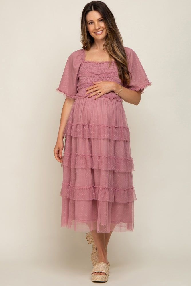 Mauve Dot Smocked Ruffle Tiered Maternity Midi Dress sold by Pinkblush