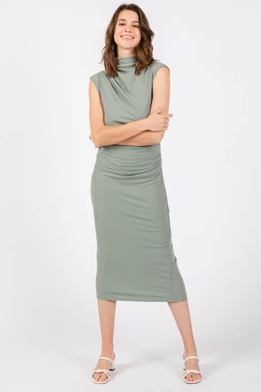 Light Olive Ribbed Ruched Midi Dress sold by Pinkblush