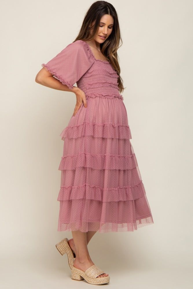 Mauve Dot Smocked Ruffle Tiered Maternity Midi Dress sold by Pinkblush product image thumbnail 2
