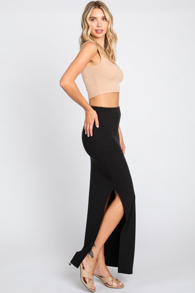 Black Ribbed Knit Front Slit Midi Skirt sold by Pinkblush product image thumbnail 2