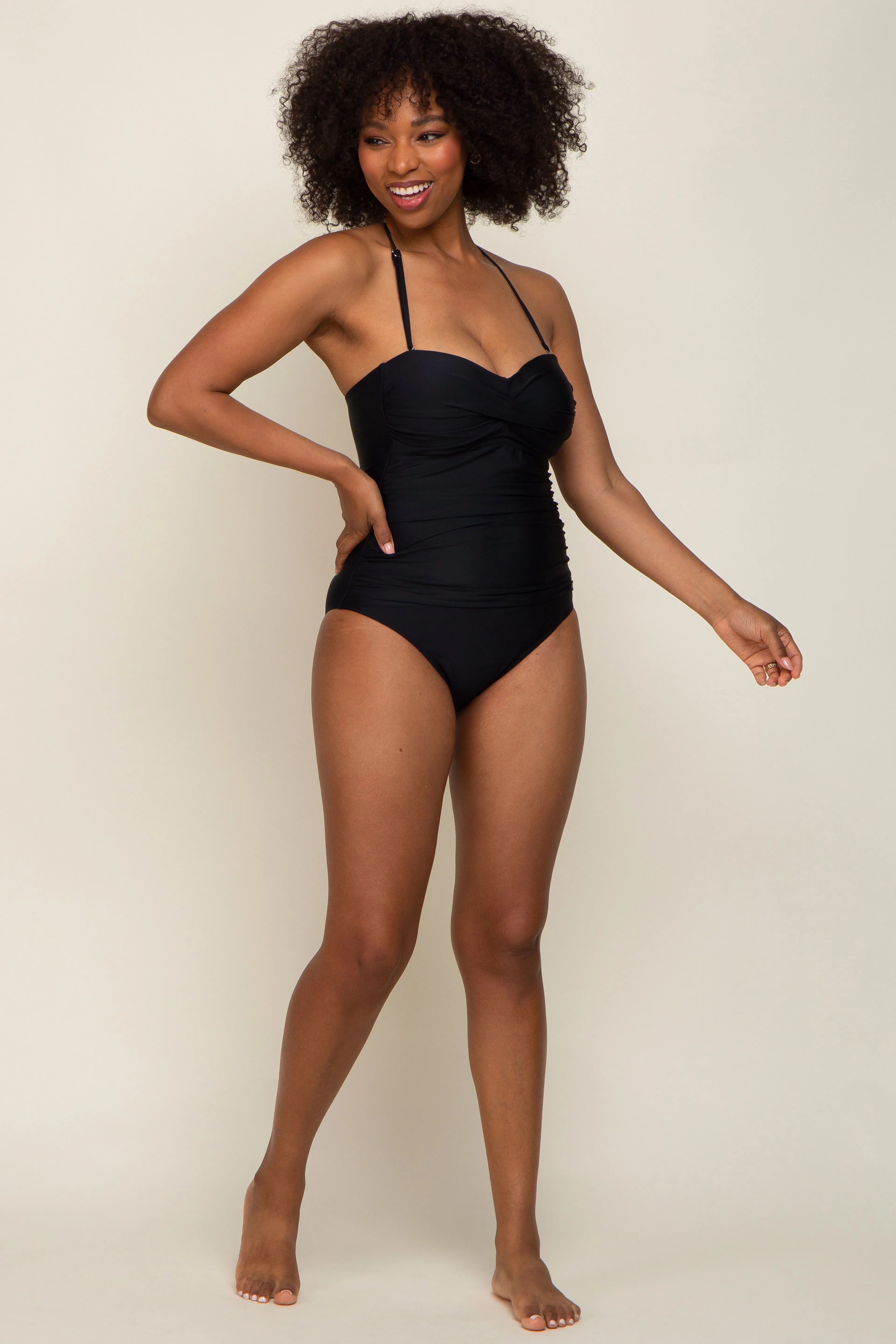 Black Ruched Halter One Piece Swimsuit sold by Pinkblush product image thumbnail 4