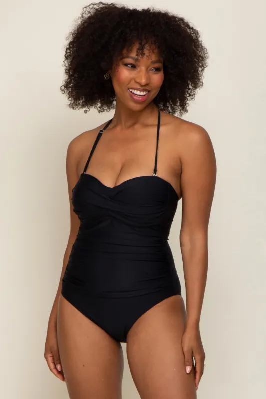 Black Ruched Halter One Piece Swimsuit sold by Pinkblush