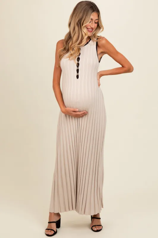 Beige Ribbed Knit Button Detail Sleeveless Maternity Maxi Dress sold by Pinkblush