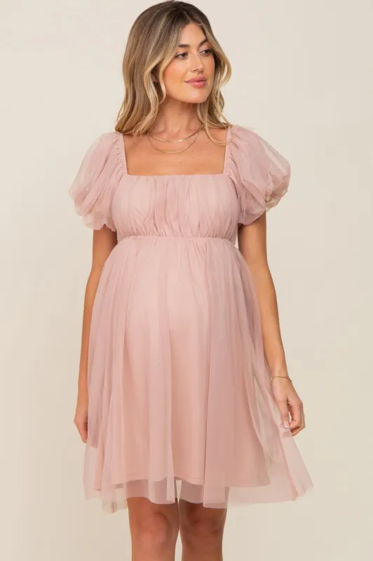 Light Mauve Tulle Puff Sleeve Maternity Dress sold by Pinkblush
