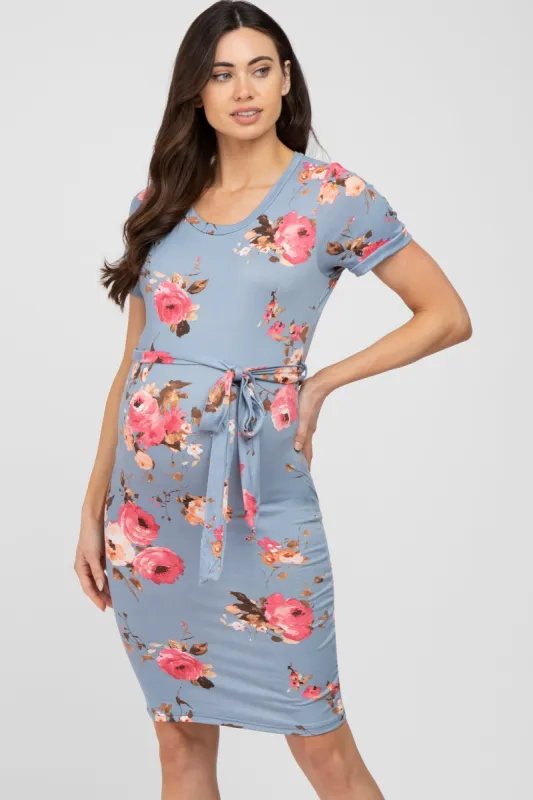 Light Blue Floral Sash Tie Maternity Fitted Dress sold by Pinkblush