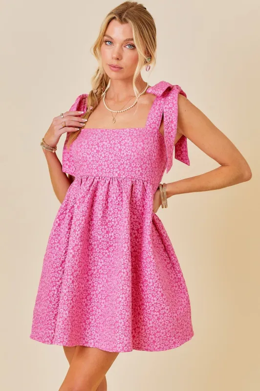 Hot Pink Floral Jacquard Mini Dress With Shoulder Straps sold by Pinkblush