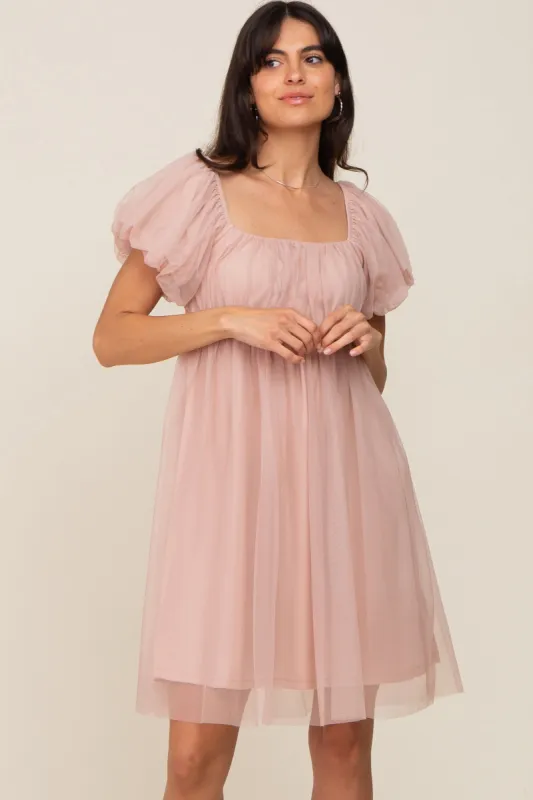 Light Mauve Tulle Puff Sleeve Dress sold by Pinkblush