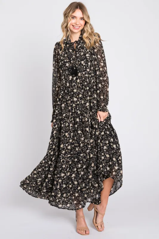 Black Floral Chiffon Front Tie Tiered Maxi Dress sold by Pinkblush