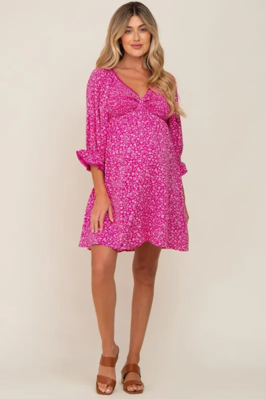 Magenta Floral 3/4 Sleeve Maternity Dress sold by Pinkblush