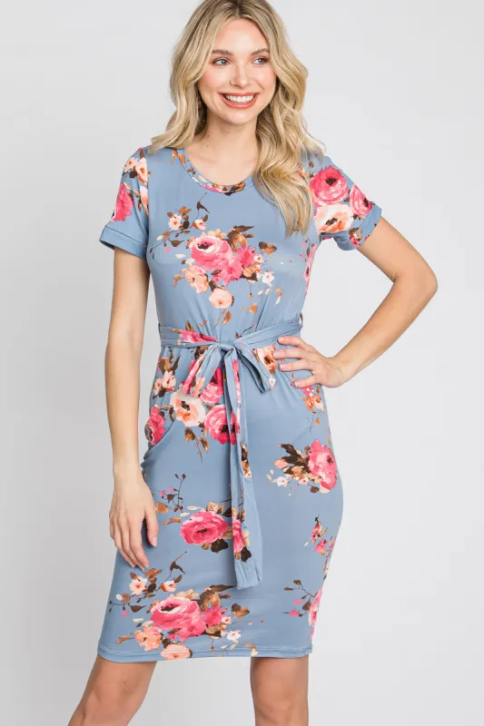 Light Blue Floral Sash Tie Fitted Dress sold by Pinkblush