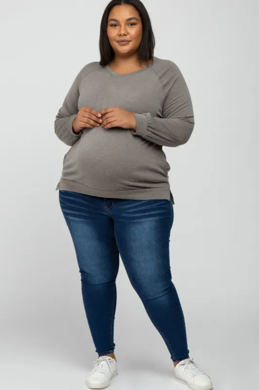 Taupe Hi- Low Side Slit Long Sleeve Maternity Plus Top sold by Pinkblush