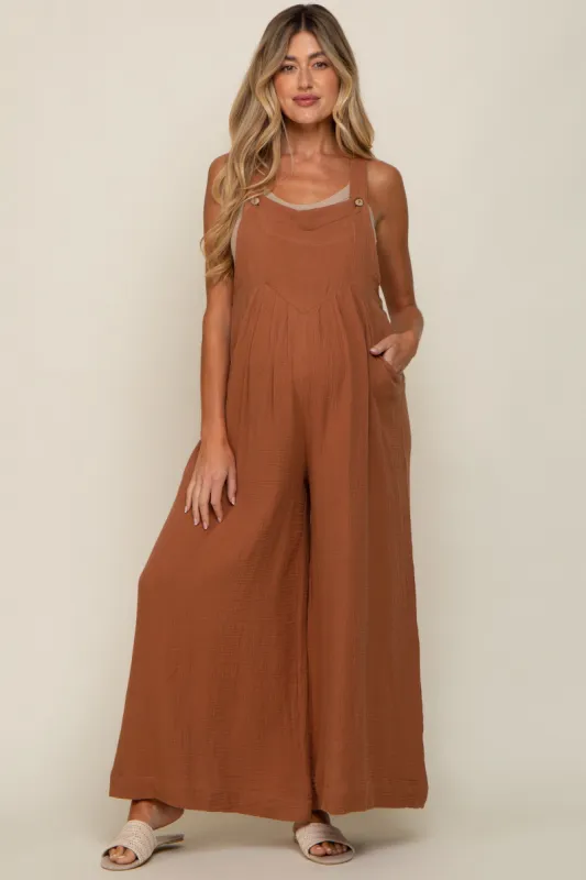 Rust Pocket Front Maternity Wide Leg Jumpsuit sold by Pinkblush