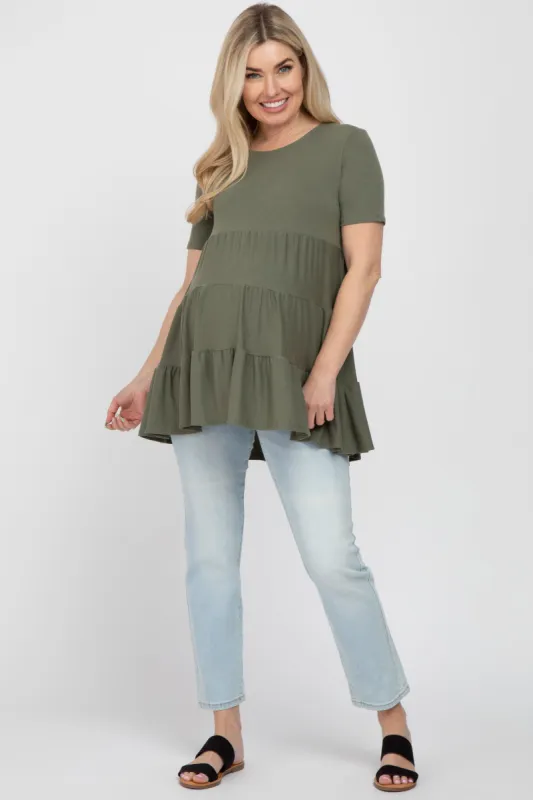 Olive Tiered Maternity Short Sleeve Top sold by Pinkblush