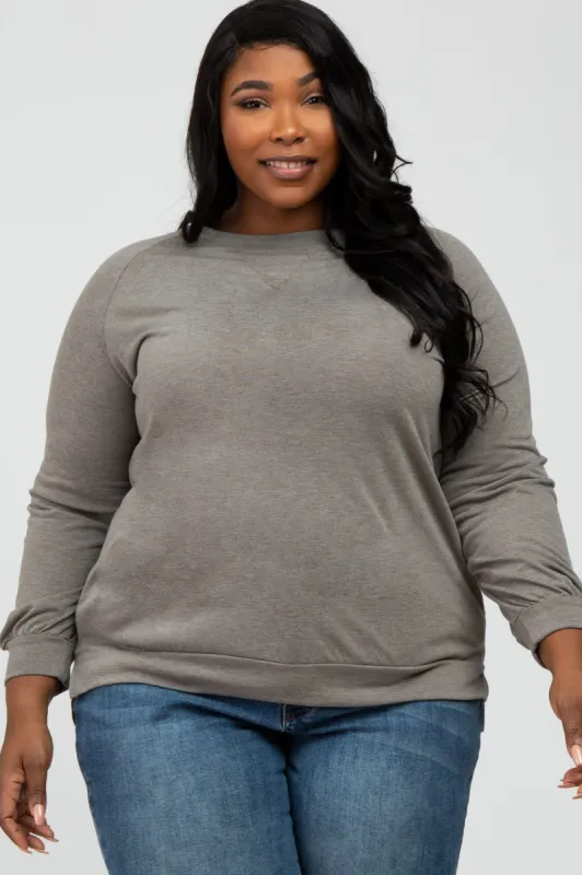 Taupe Hi- Low Side Slit Long Sleeve Plus Top sold by Pinkblush