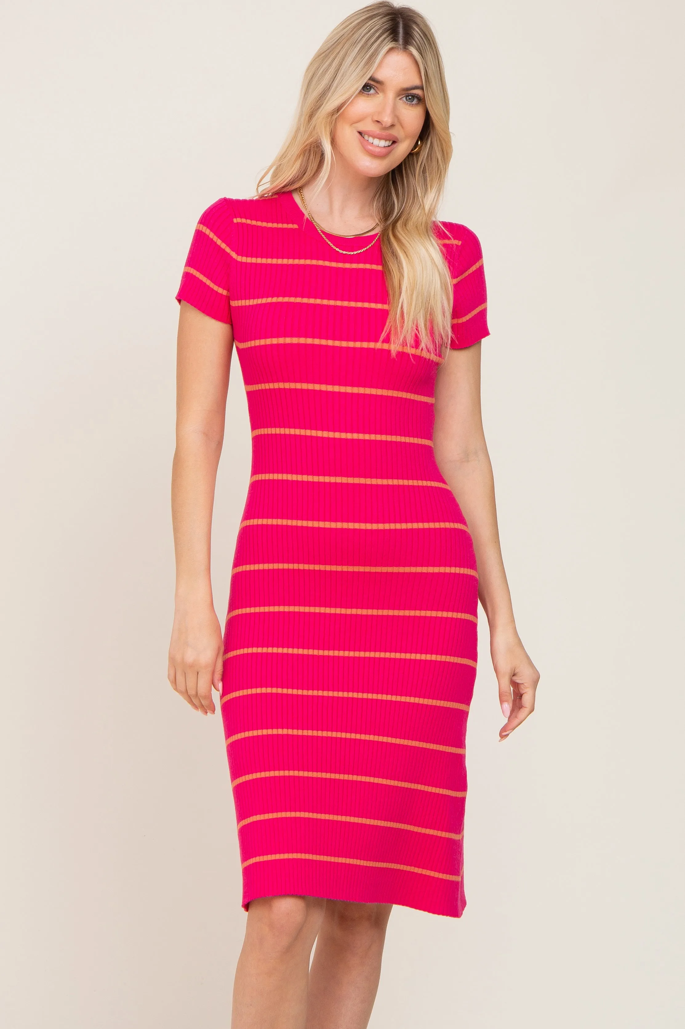 Fuchsia Striped Ribbed Fitted Sweater Dress sold by Pinkblush product image thumbnail 2