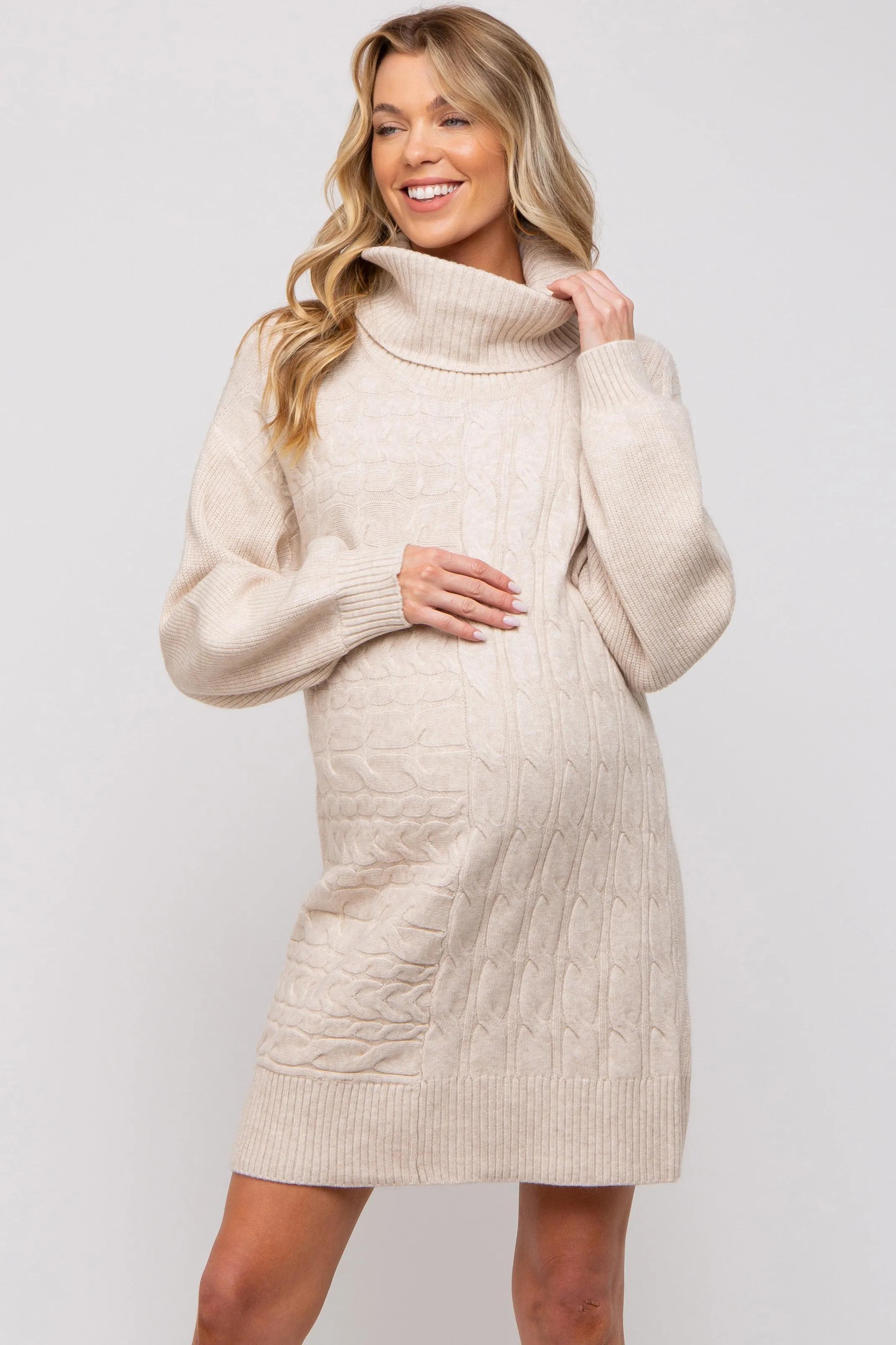 Beige Cable Knit Maternity Mini Sweater Dress sold by Pinkblush product image thumbnail 2