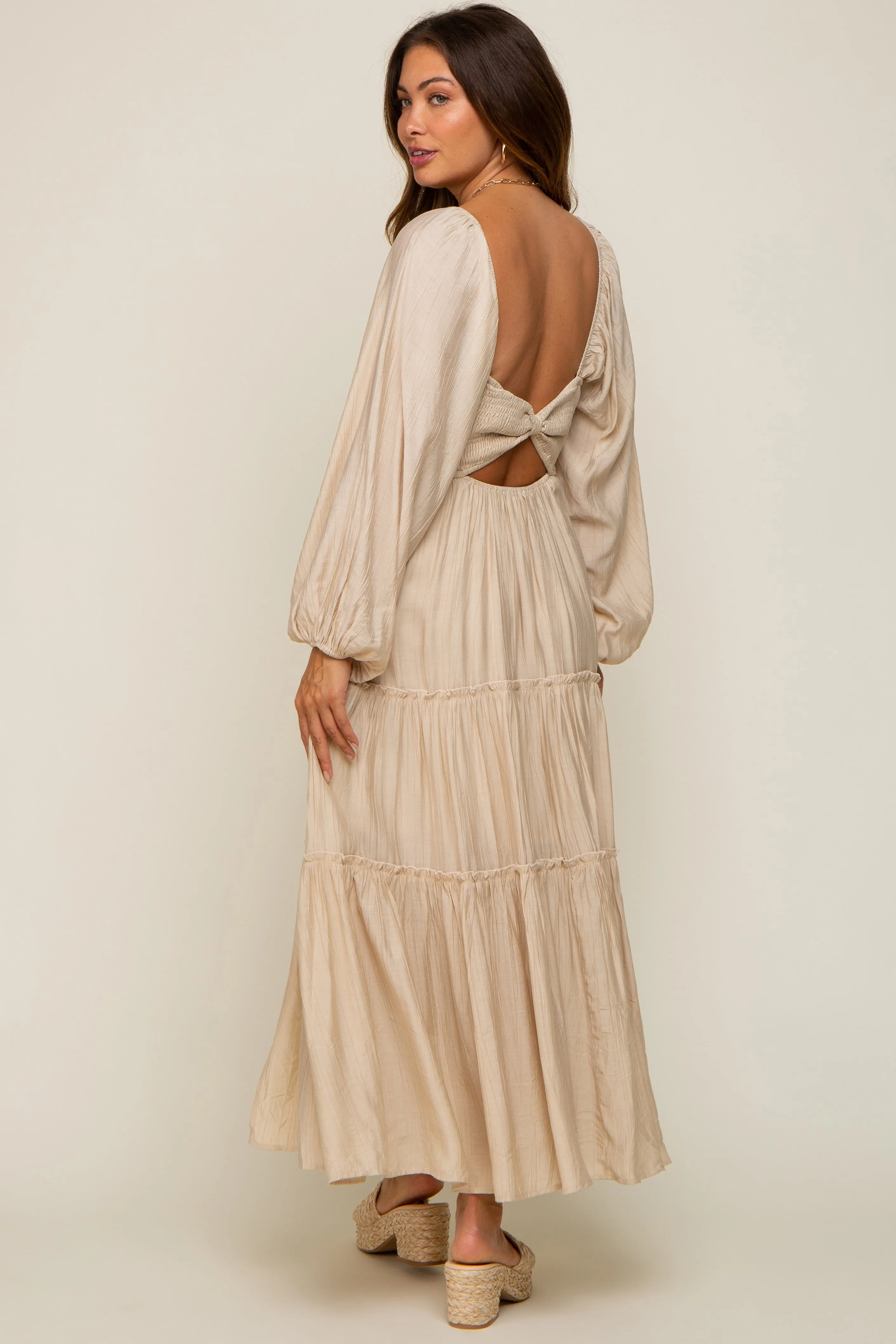 Beige Ruched Front Cutout Back Tiered Maternity Maxi Dress sold by Pinkblush product image thumbnail 4