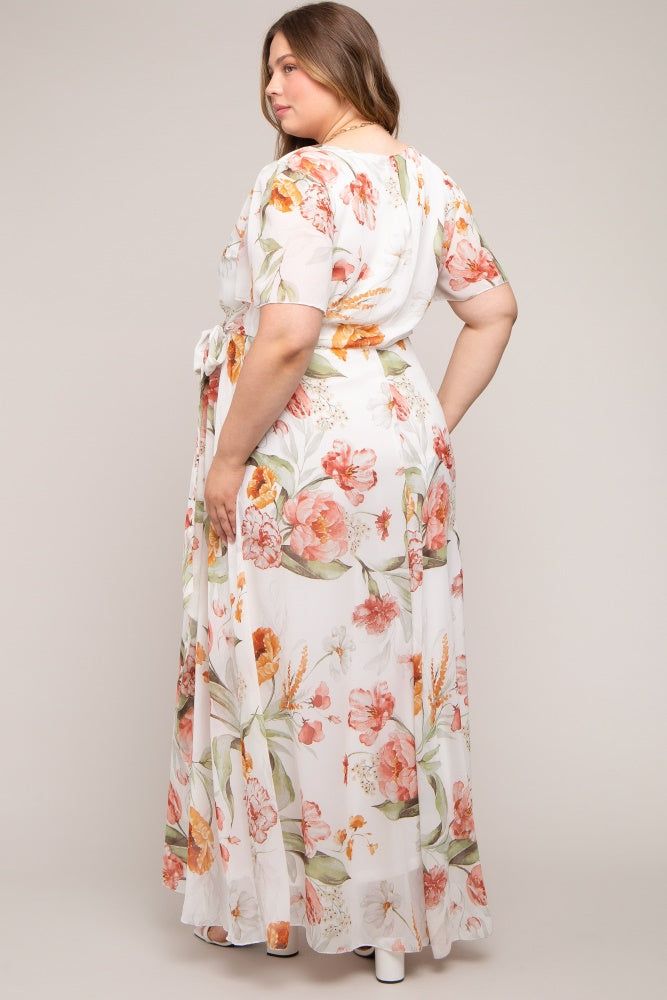 White Floral Chiffon Wrap Front Short Sleeve Maternity Plus Maxi Dress sold by Pinkblush product image thumbnail 3