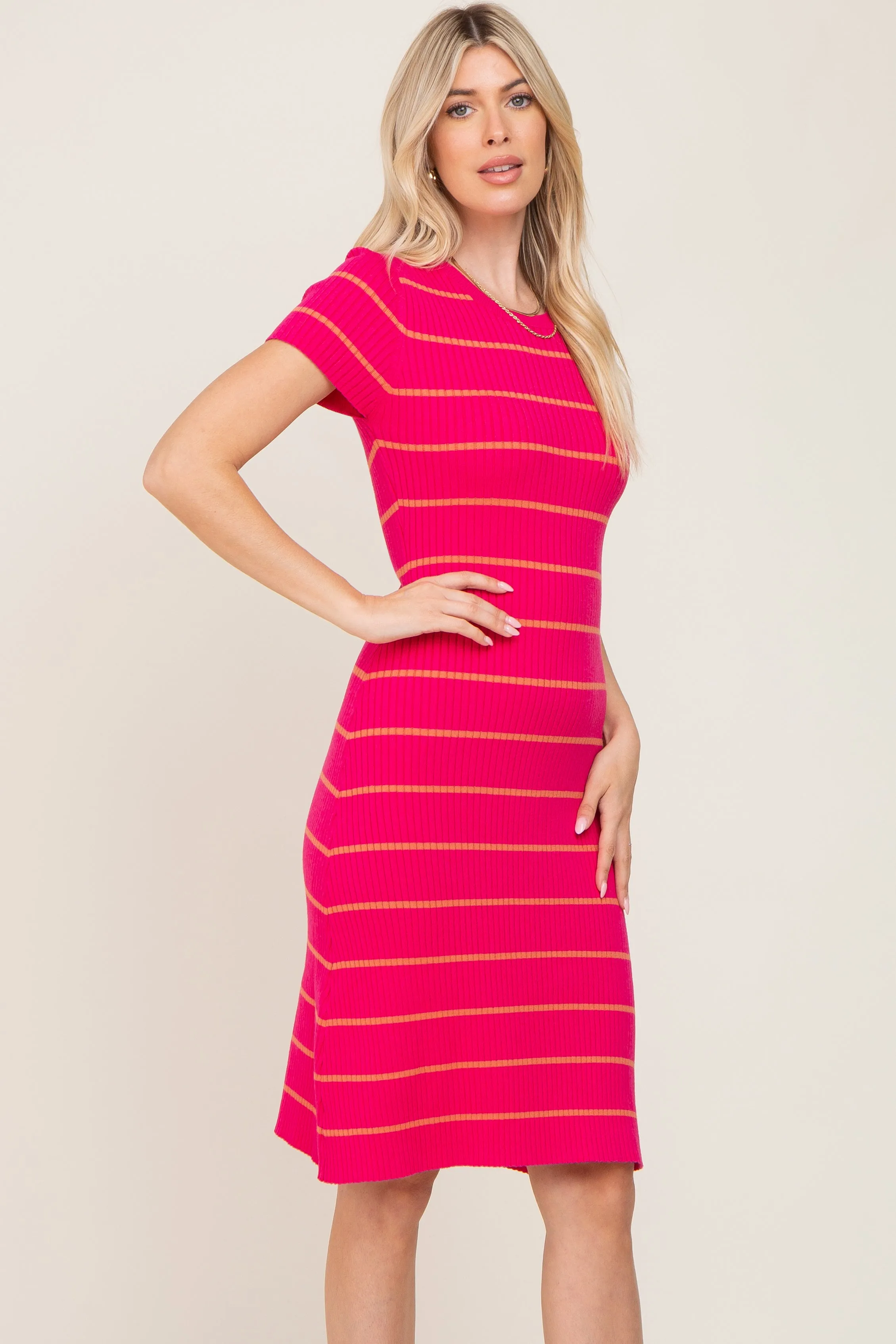 Fuchsia Striped Ribbed Fitted Sweater Dress sold by Pinkblush product image thumbnail 3