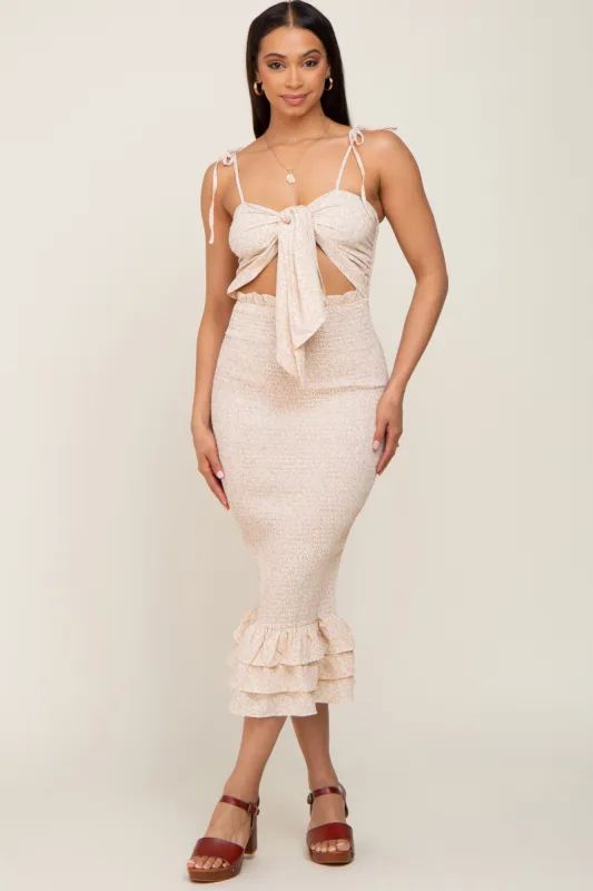 Taupe Floral Knot Front Smocked Midi Dress sold by Pinkblush