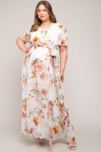 White Floral Chiffon Wrap Front Short Sleeve Maternity Plus Maxi Dress sold by Pinkblush