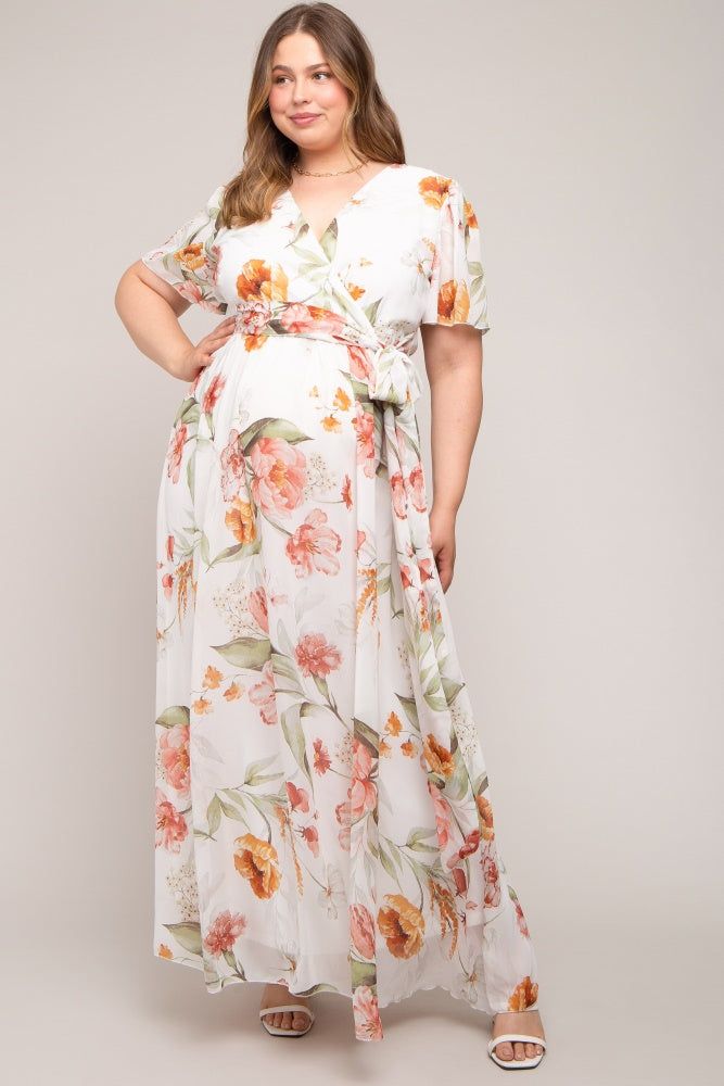 White Floral Chiffon Wrap Front Short Sleeve Maternity Plus Maxi Dress sold by Pinkblush product image thumbnail 4