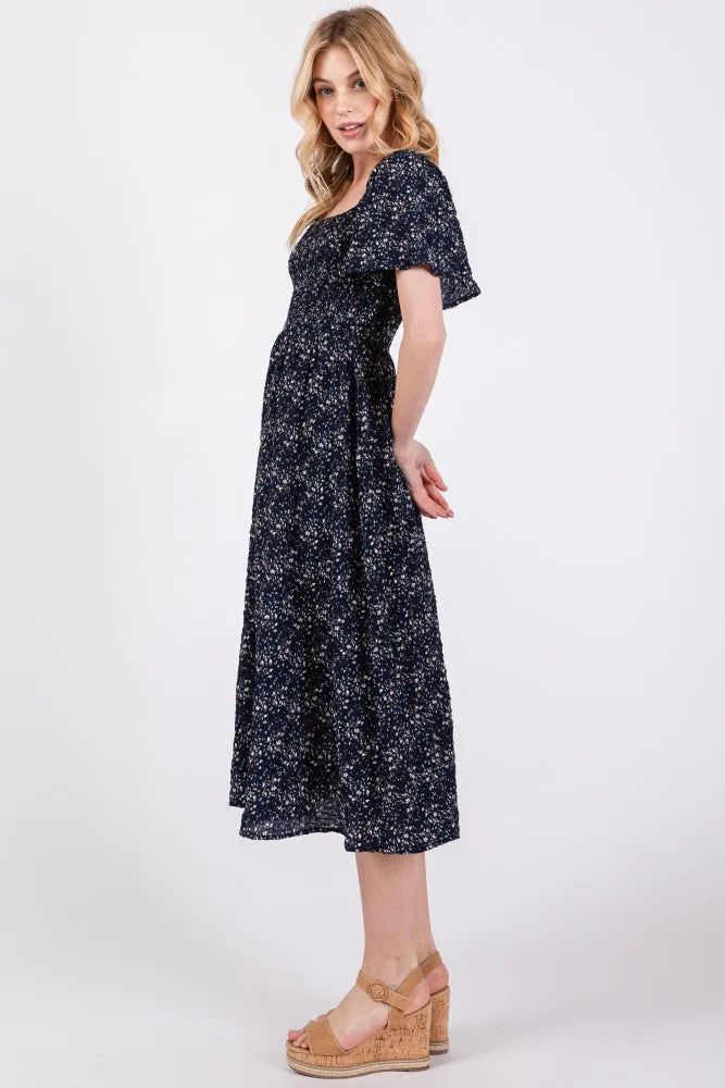 Navy Floral Square Neck Smocked Maternity Midi Dress sold by Pinkblush product image thumbnail 2