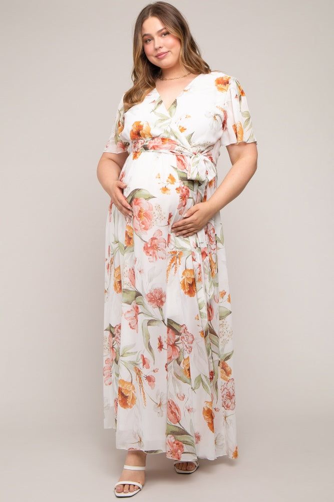 White Floral Chiffon Wrap Front Short Sleeve Maternity Plus Maxi Dress sold by Pinkblush