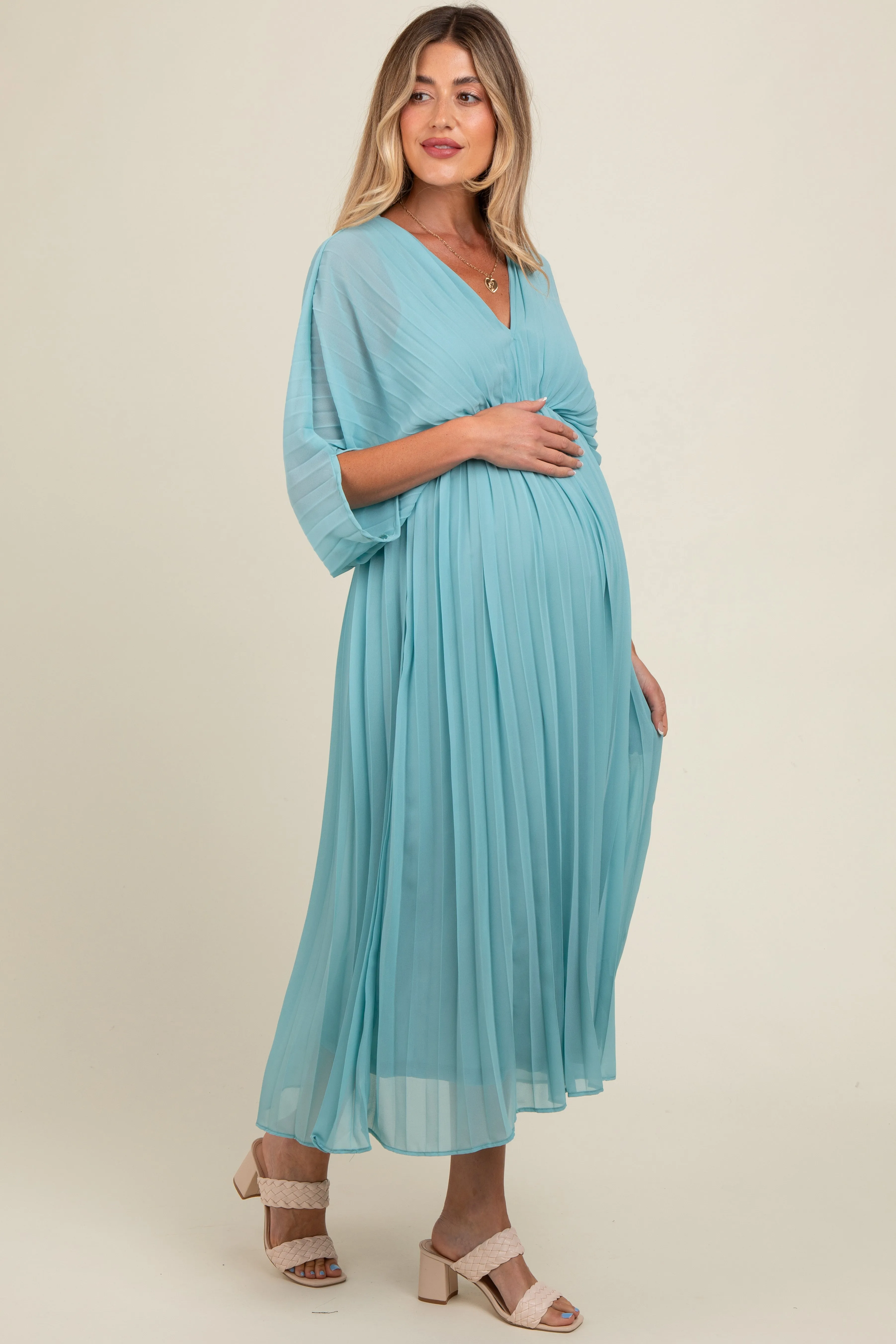 Blue Pleated V Neck Maternity Maxi Dress sold by Pinkblush product image thumbnail 2