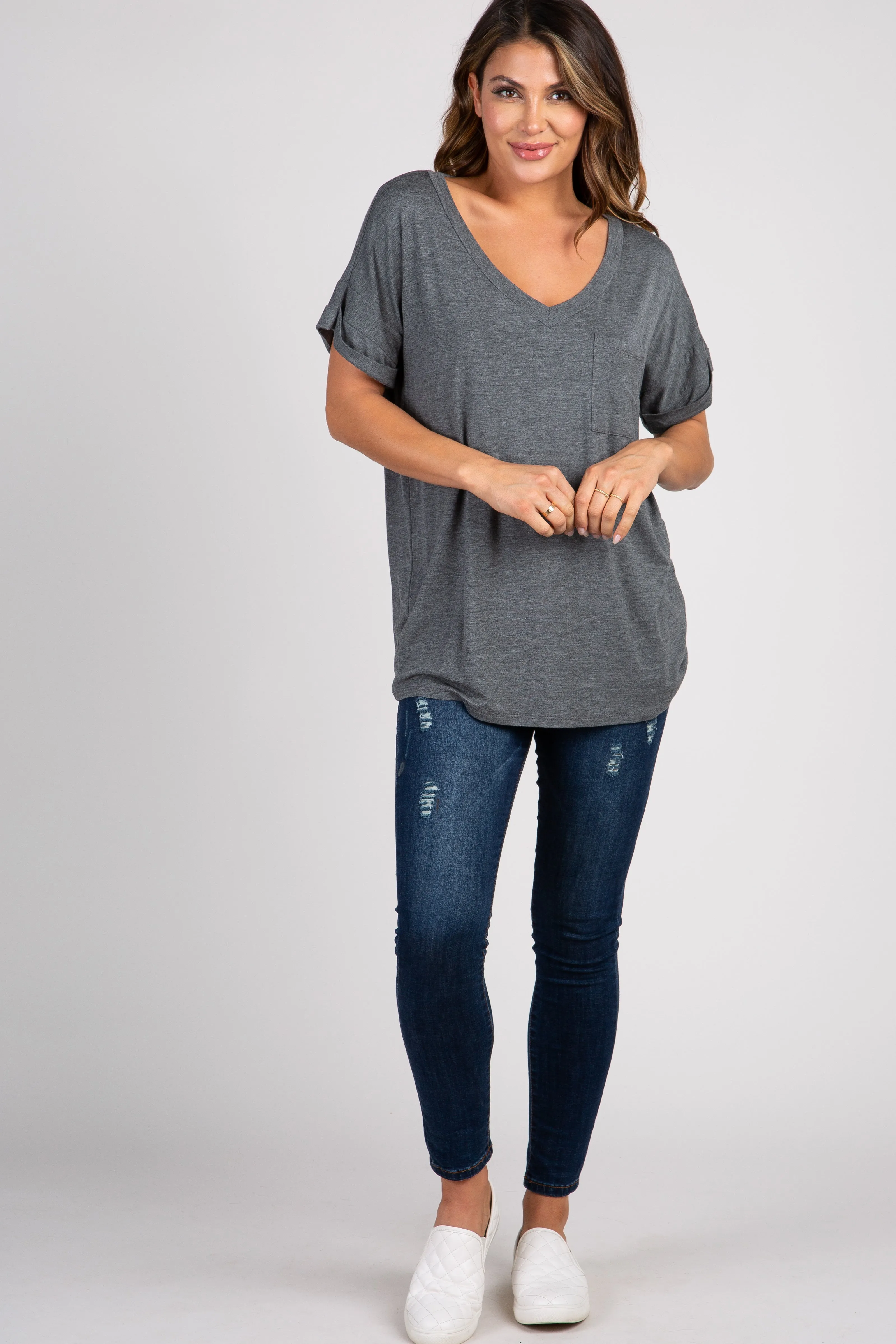Charcoal V-Neck Pocket Accent Top sold by Pinkblush product image thumbnail 4