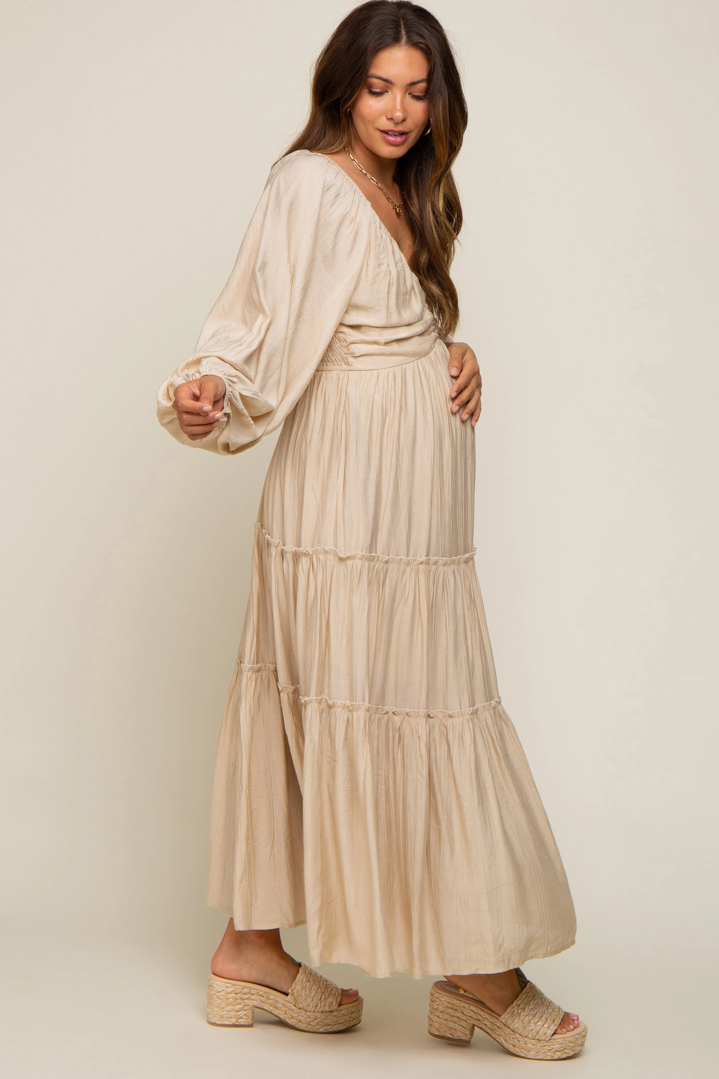 Beige Ruched Front Cutout Back Tiered Maternity Maxi Dress sold by Pinkblush product image thumbnail 3