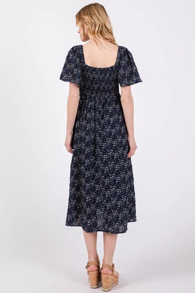 Navy Floral Square Neck Smocked Maternity Midi Dress sold by Pinkblush product image thumbnail 3