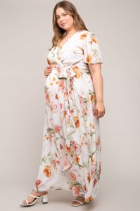 White Floral Chiffon Wrap Front Short Sleeve Maternity Plus Maxi Dress sold by Pinkblush