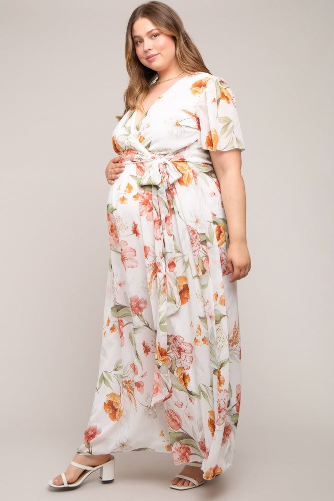 White Floral Chiffon Wrap Front Short Sleeve Maternity Plus Maxi Dress sold by Pinkblush product image thumbnail 2