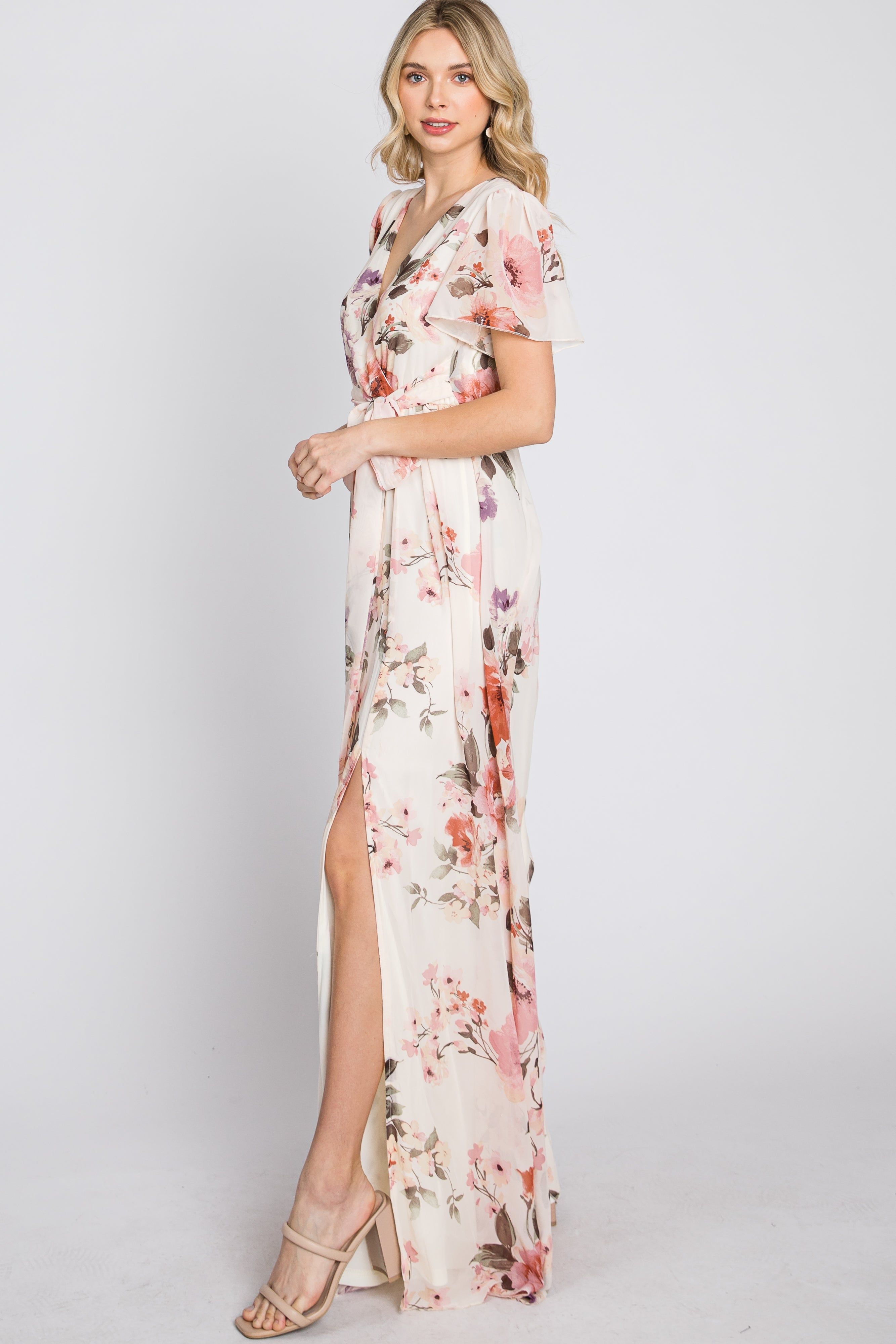 Cream Floral Chiffon Maxi Dress sold by Pinkblush product image thumbnail 5