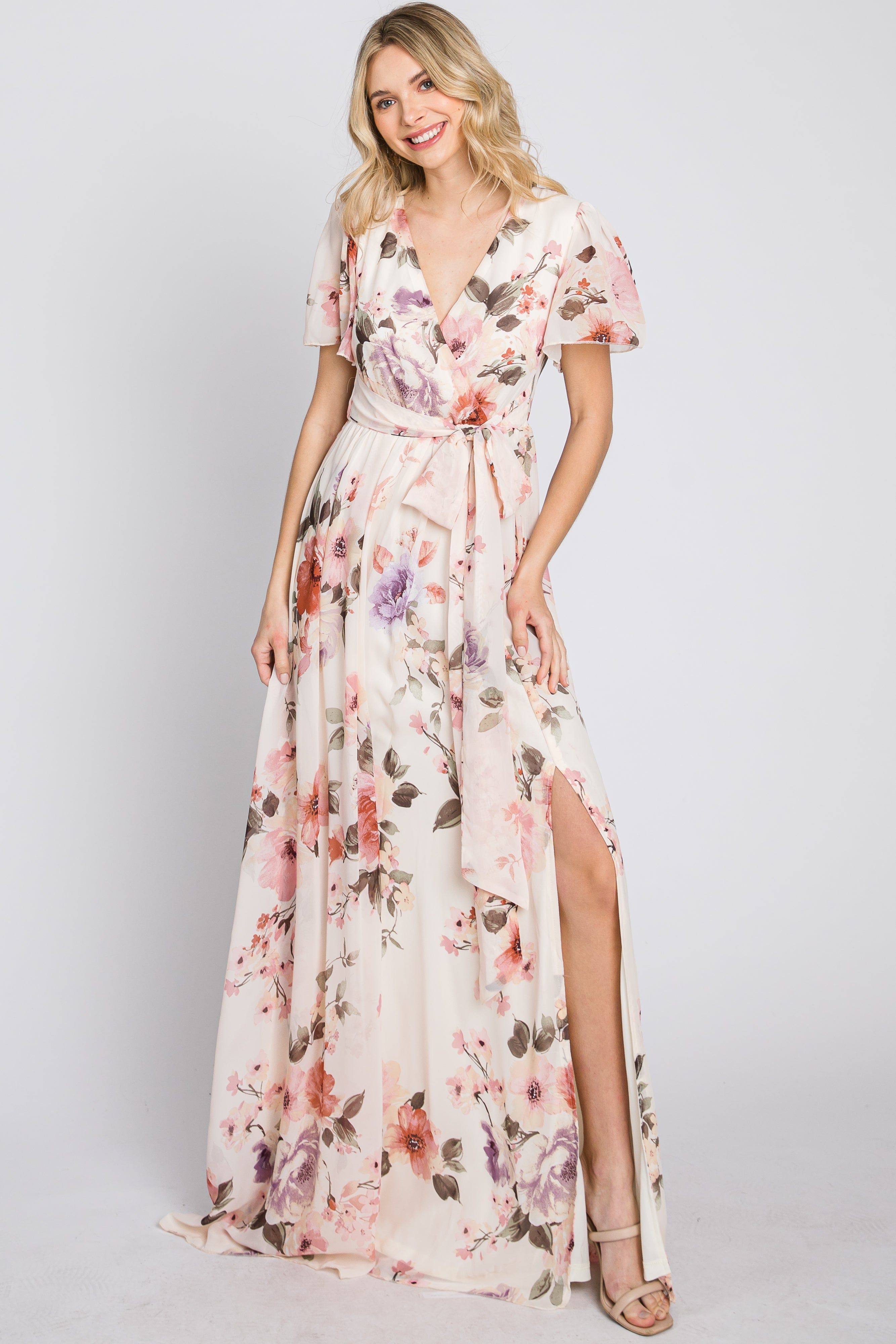 Cream Floral Chiffon Maxi Dress sold by Pinkblush product image thumbnail 2
