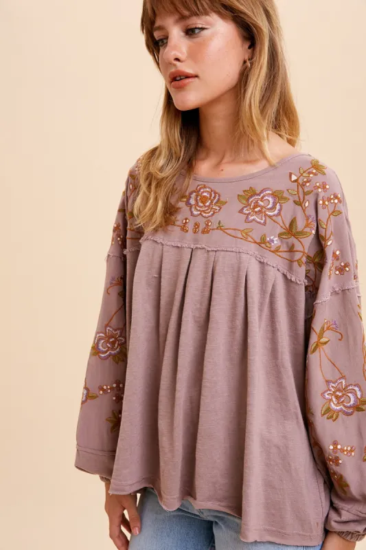 Rose Taupe Embroidered Drop Sleeve Blouse sold by Pinkblush