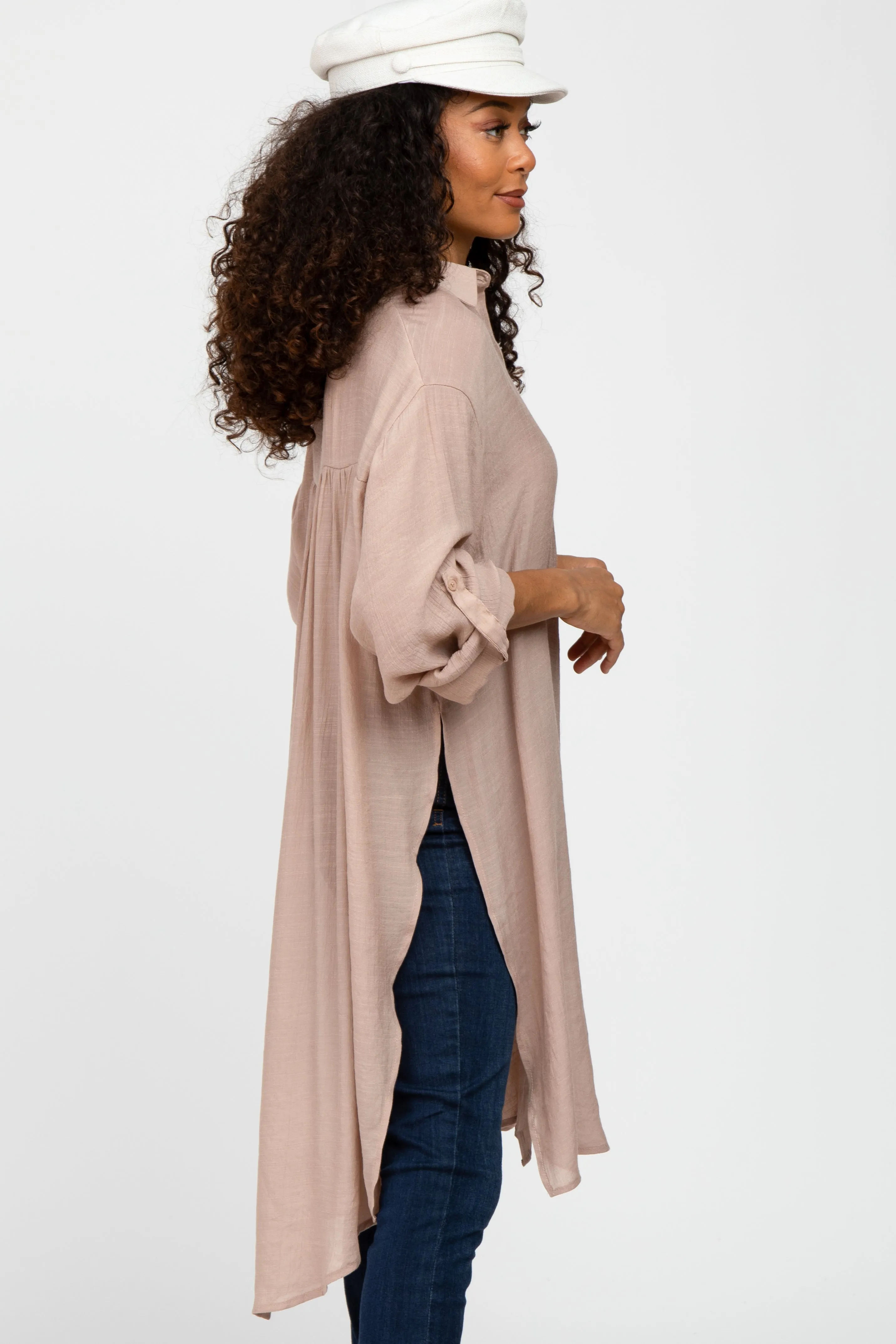 Taupe Button Front Side Slit Oversized Blouse sold by Pinkblush product image thumbnail 3