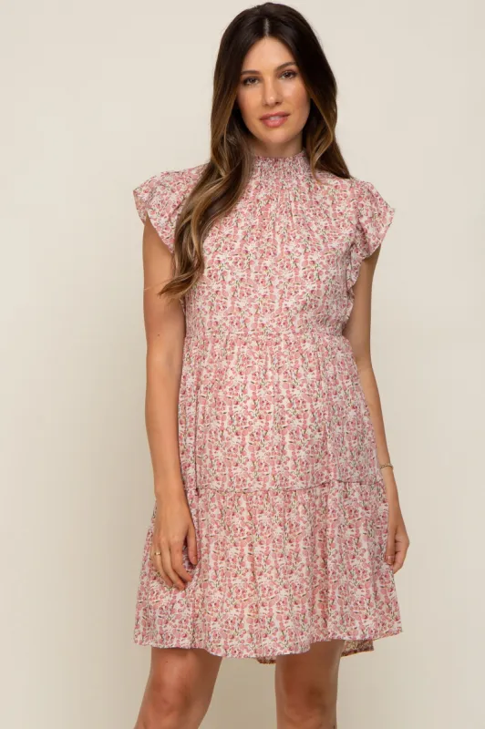 Pink Floral Chiffon Tiered Maternity Dress sold by Pinkblush
