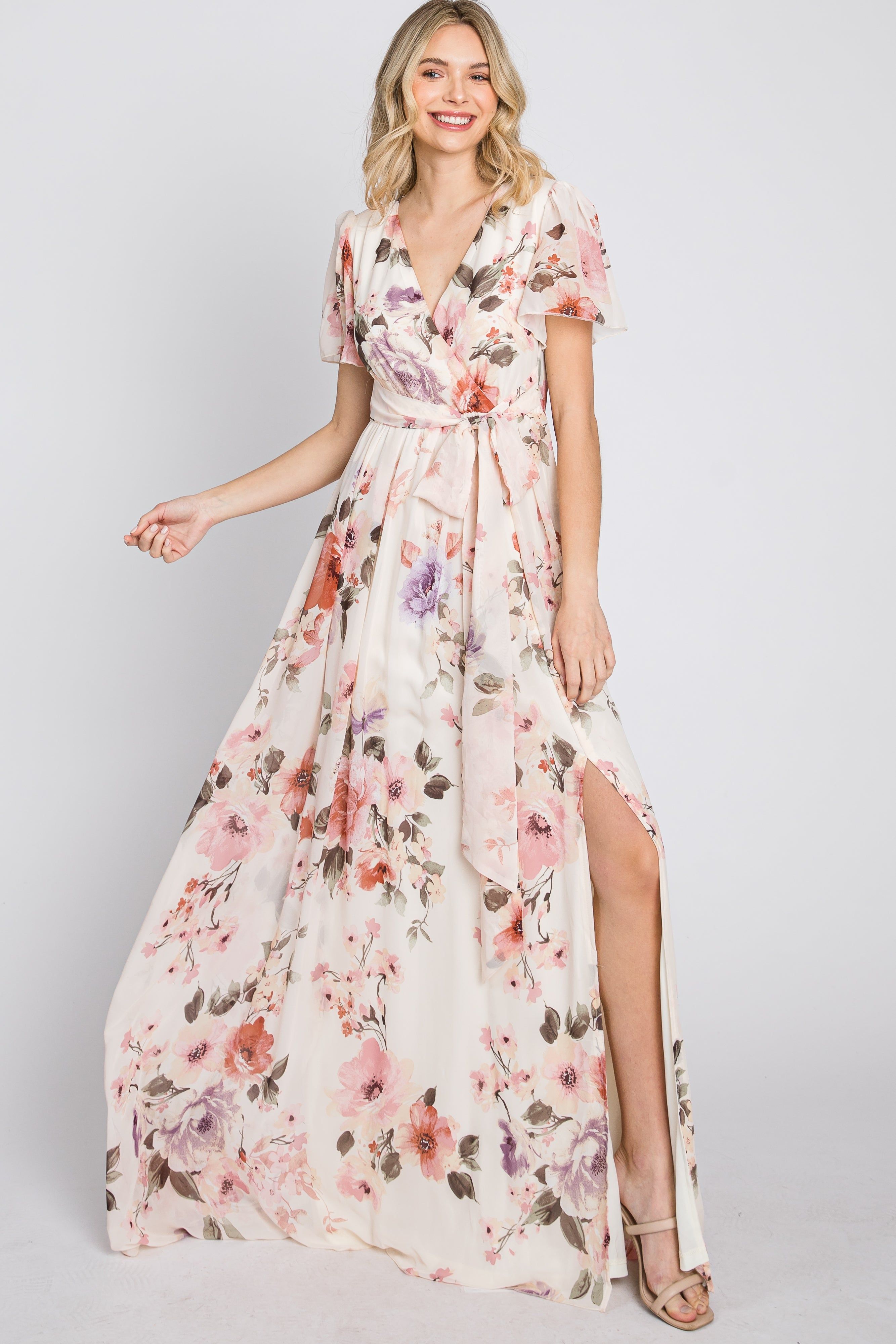 Cream Floral Chiffon Maxi Dress sold by Pinkblush product image thumbnail 3