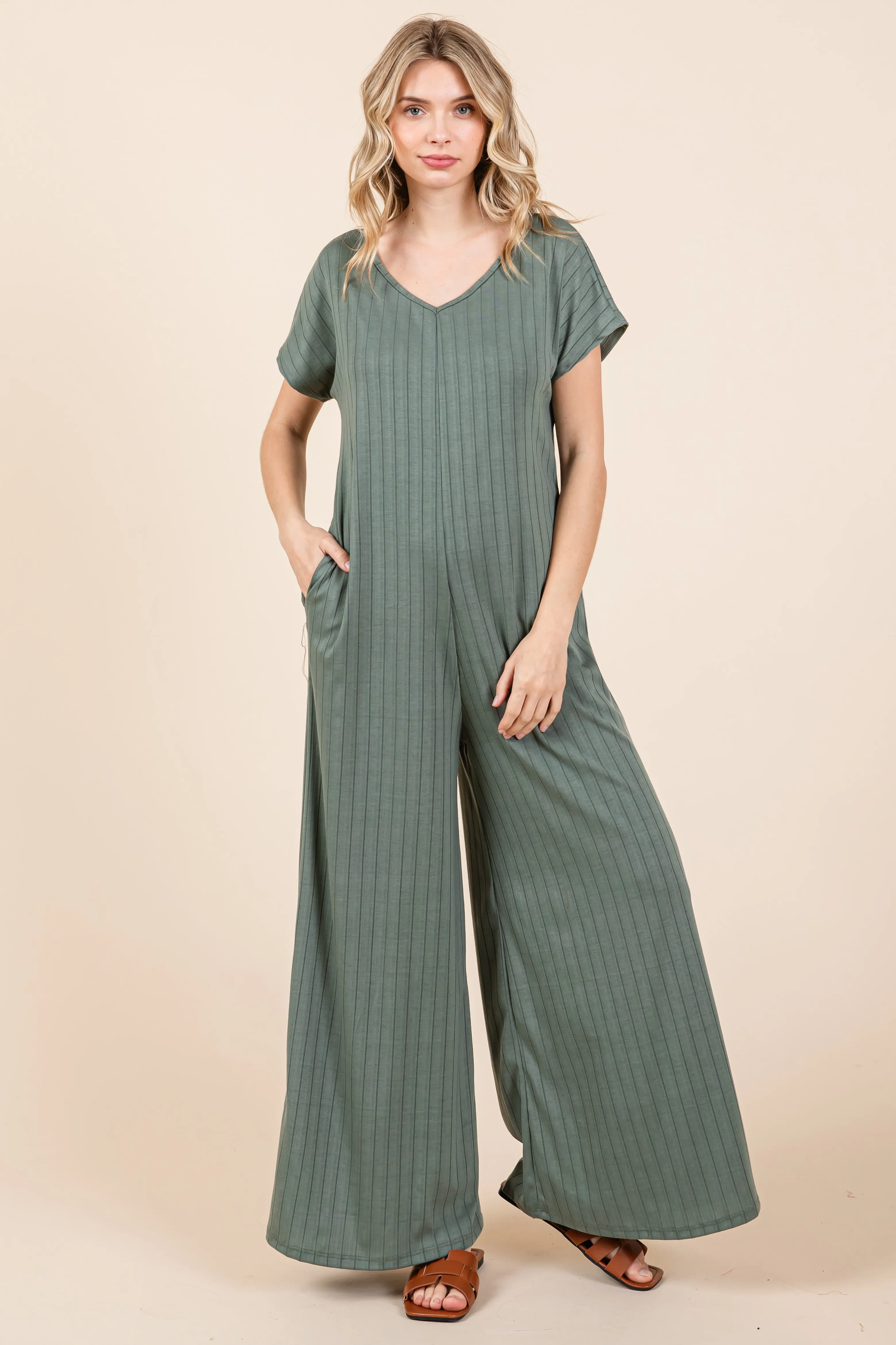 Olive Ribbed Wide Leg Jumpsuit sold by Pinkblush