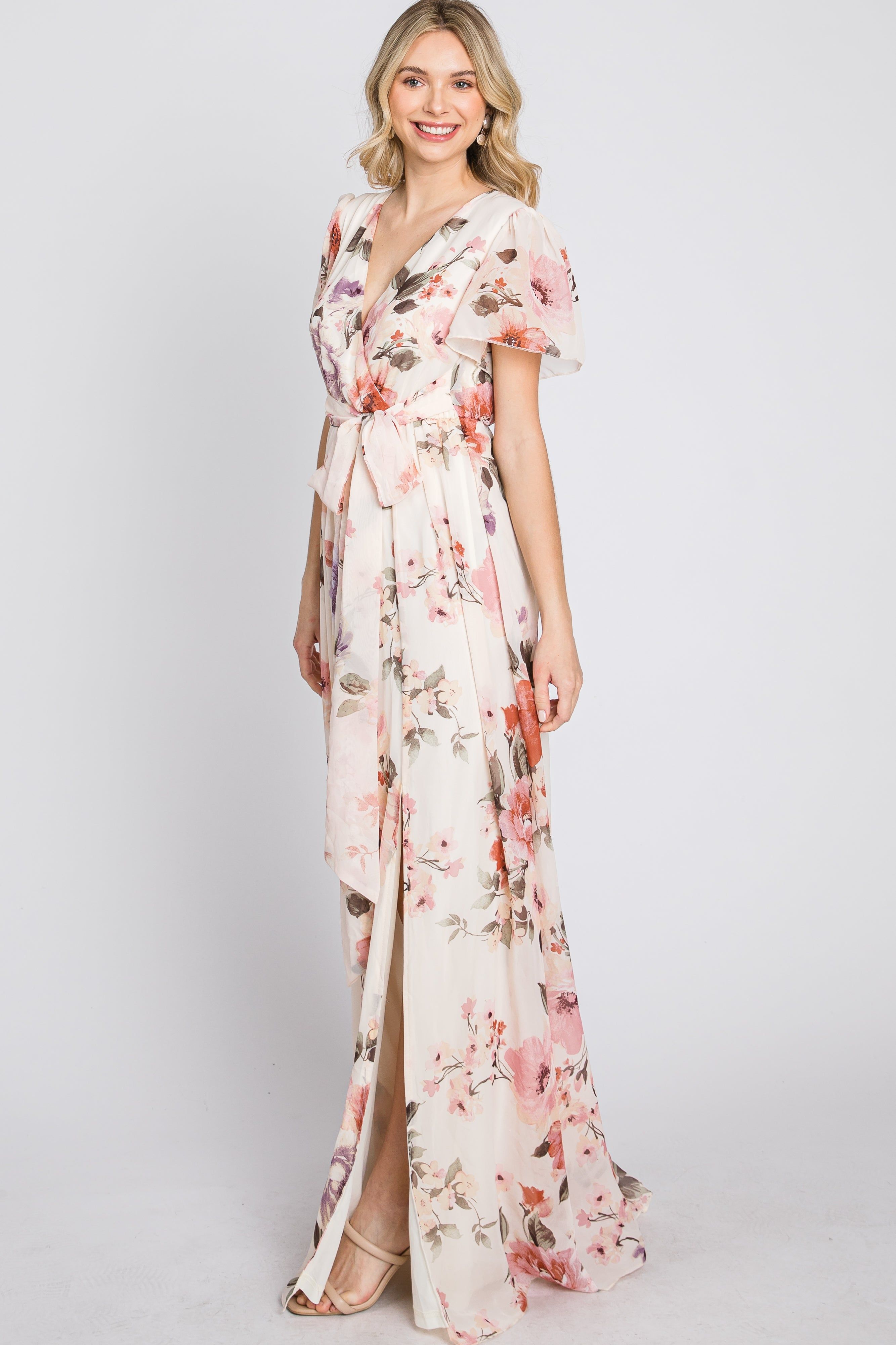 Cream Floral Chiffon Maxi Dress sold by Pinkblush product image thumbnail 4