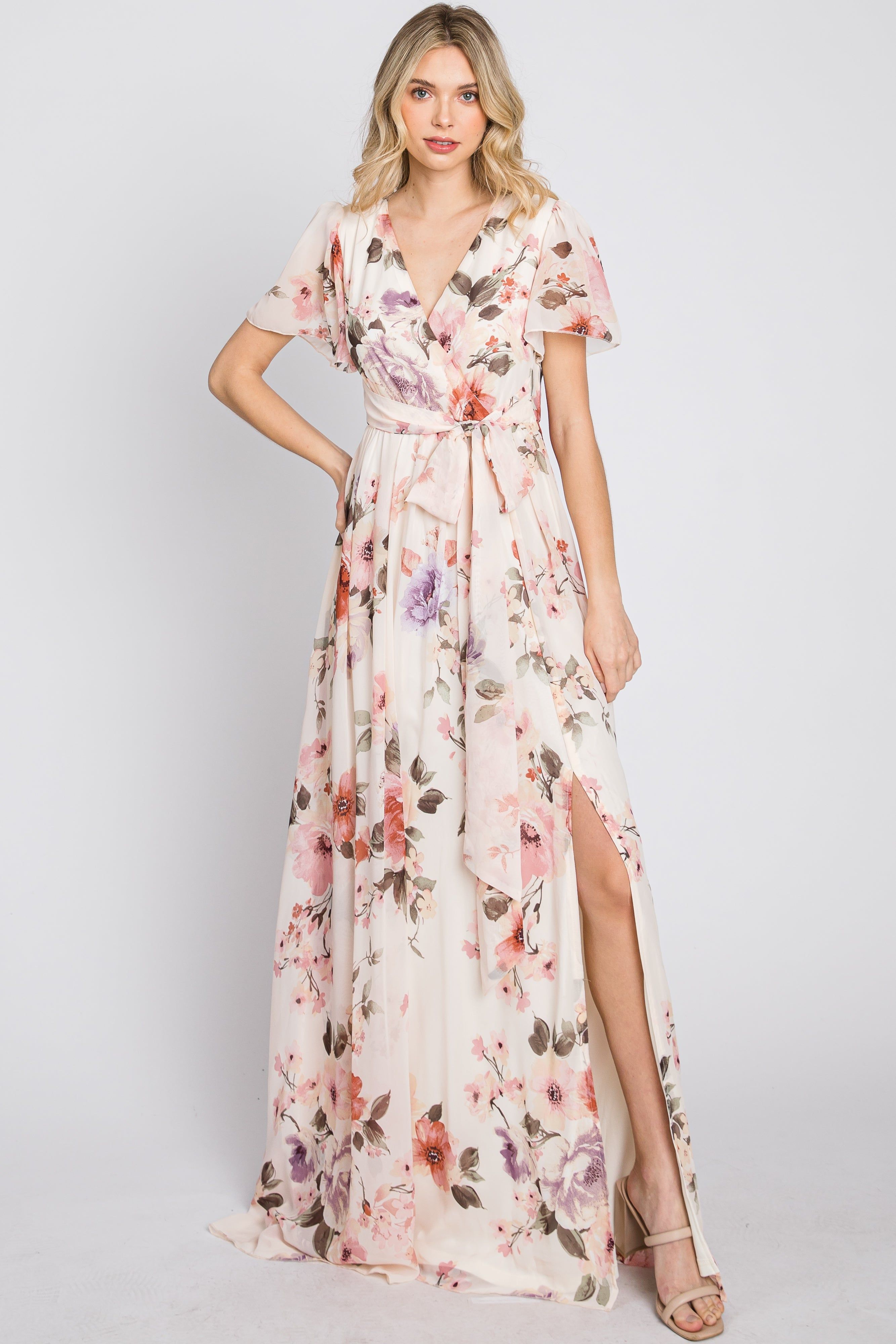 Cream Floral Chiffon Maxi Dress sold by Pinkblush
